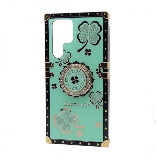 Wholesale Heavy Duty Floral Clover Diamond Ring Stand Grip Hybrid Case Cover for Samsung Galaxy S23 Ultra 5G (Green)