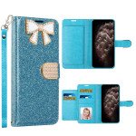 Wholesale Ribbon Bow Crystal Diamond Flip Book Wallet Case for Apple iPhone 13 [6.1] (Light Blue)