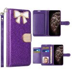 Wholesale Ribbon Bow Crystal Diamond Flip Book Wallet Case for Apple iPhone 13 [6.1] (Purple)